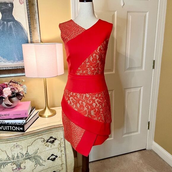 EEUC BCBGMAXAZRIA Dalia Bright Poppy Red Lace Dress Size 2 Worn Once Perfect - Picture 1 of 6